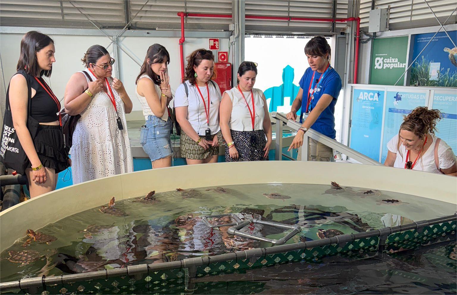 Un grupo de personas observa con atención un gran tanque redondo lleno de agua donde nadan varias tortugas marinas en recuperación. Una guía del Oceanogràfic les explica el trabajo del centro señalando hacia los animales.